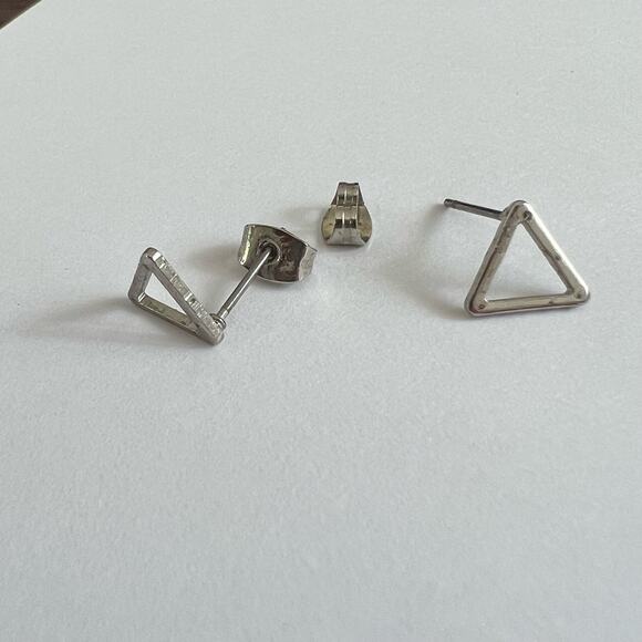 Silver tone Triangle Outline Stud Earrings Geometric Minimalist Modern - Picture 3 of 7